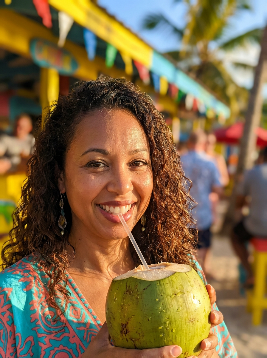 Emma boit une noix de coco fraîche dans une rue animée