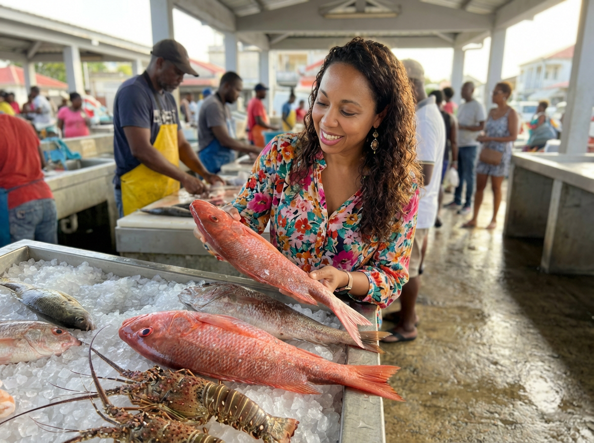 Emma au marché aux poissons, en repérage des produits locaux