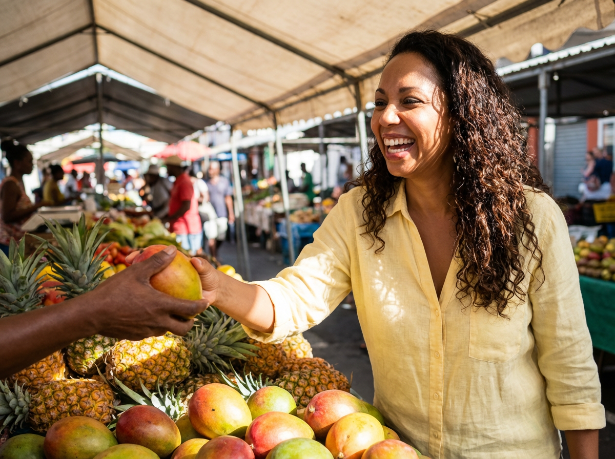 Emma échange au marché et choisit des fruits tropicaux