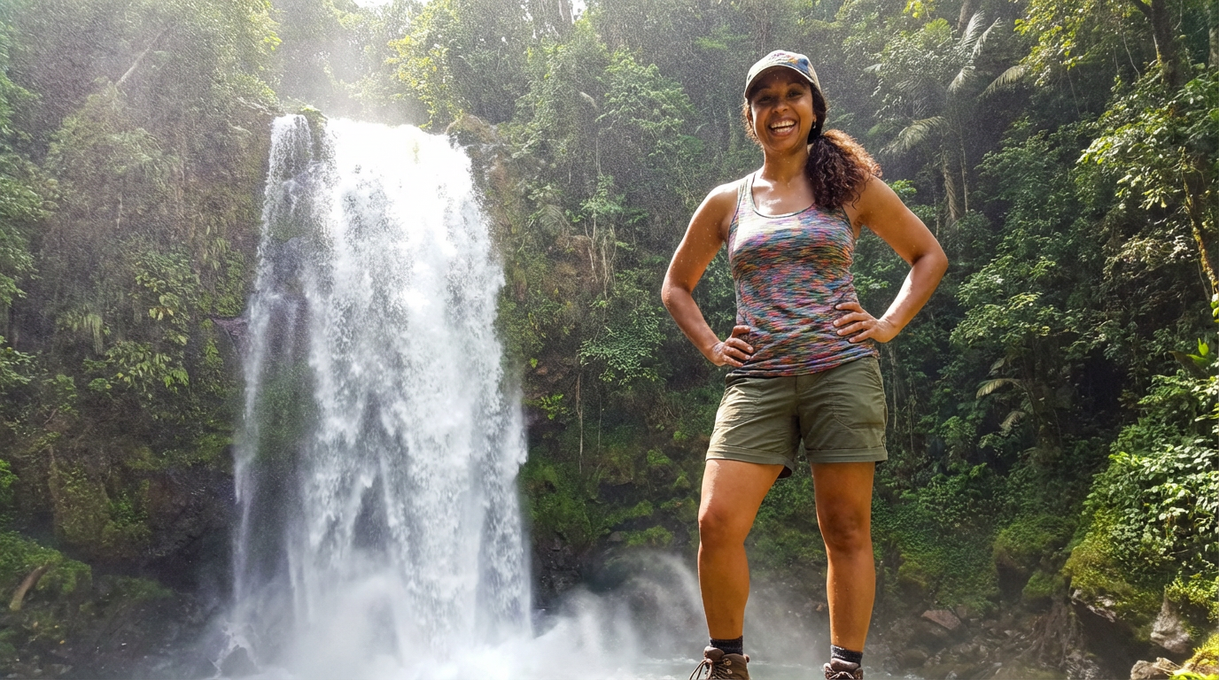 Emma en randonnée devant une cascade en pleine nature